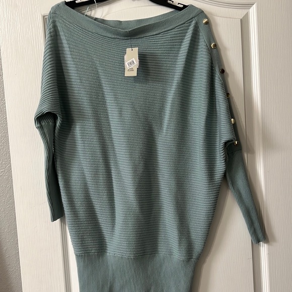 River Island Off the shoulder Knit Sweater Dress S Teal Light Blue Mini Skirt - Picture 2 of 11